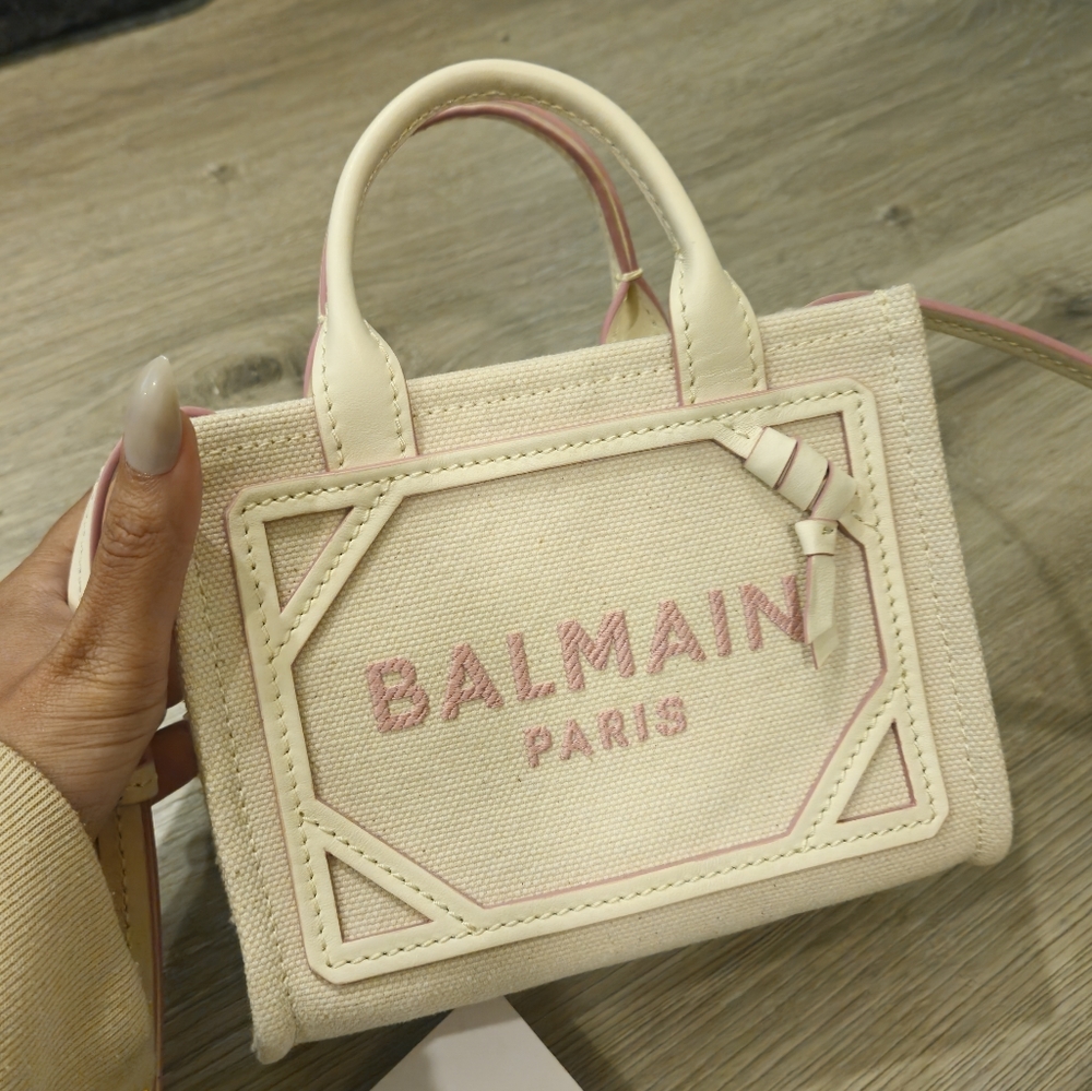 Balmain B-Army mini canvas shopping bag Leather Handles White Canvas & Pink NWT
